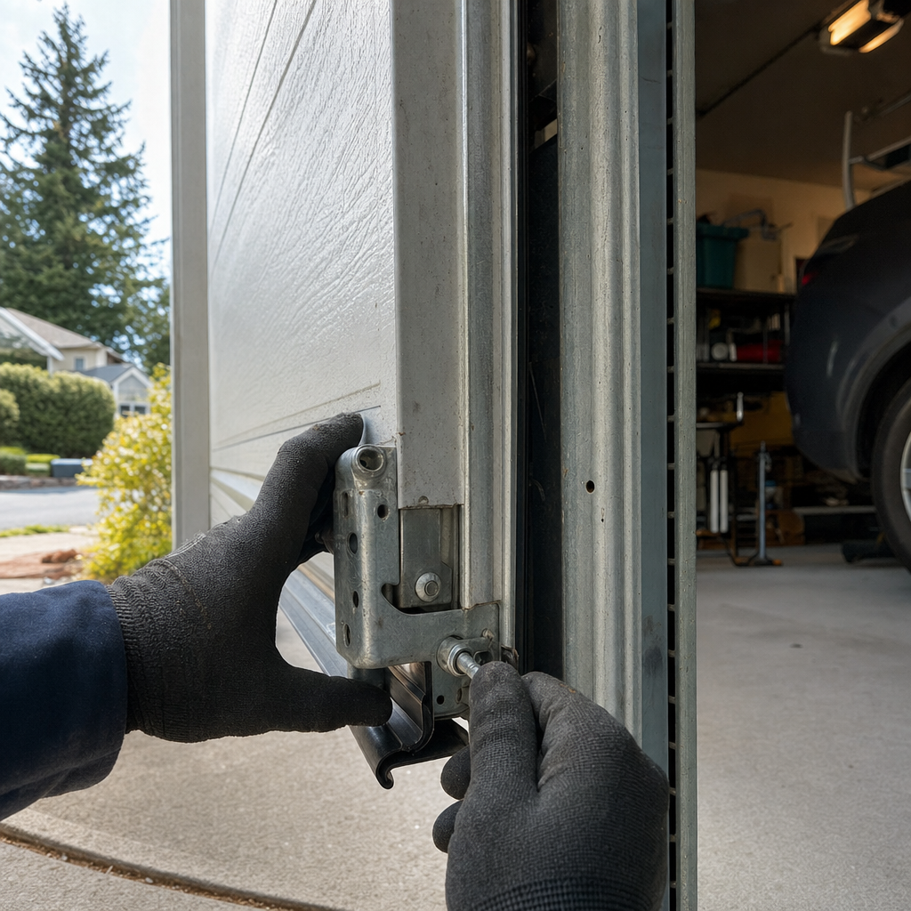 Technician performing maintenance on garage door hinge and hardware