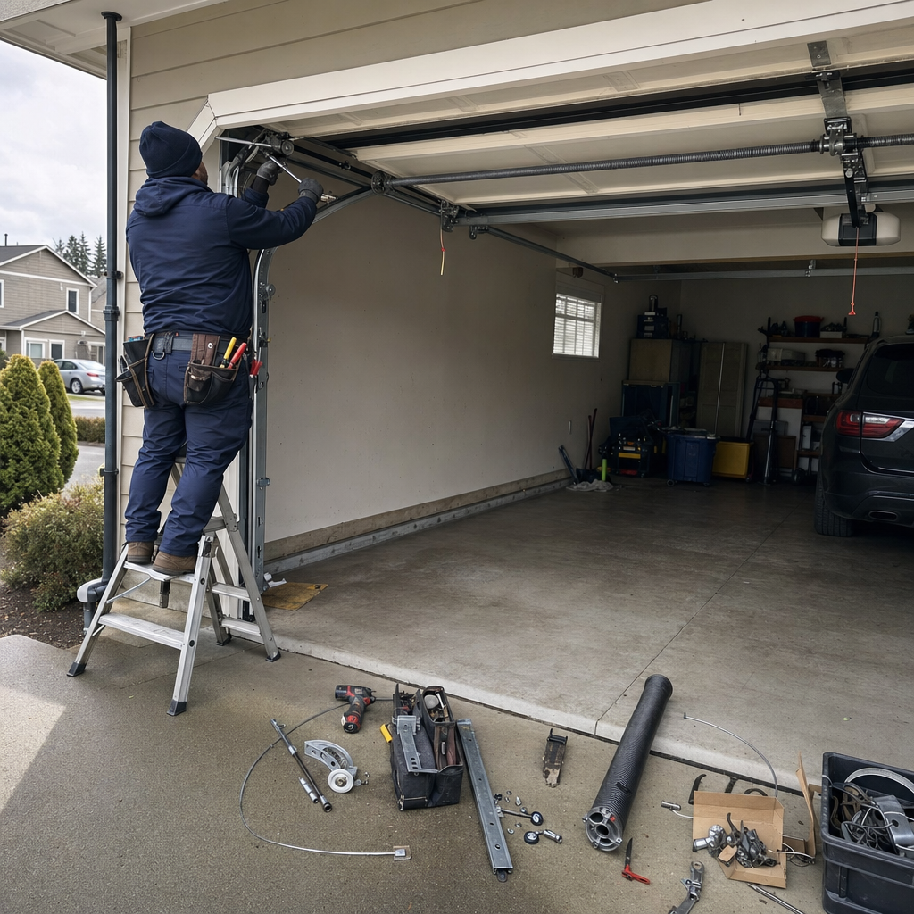 Technician performing professional garage door parts repair and maintenance